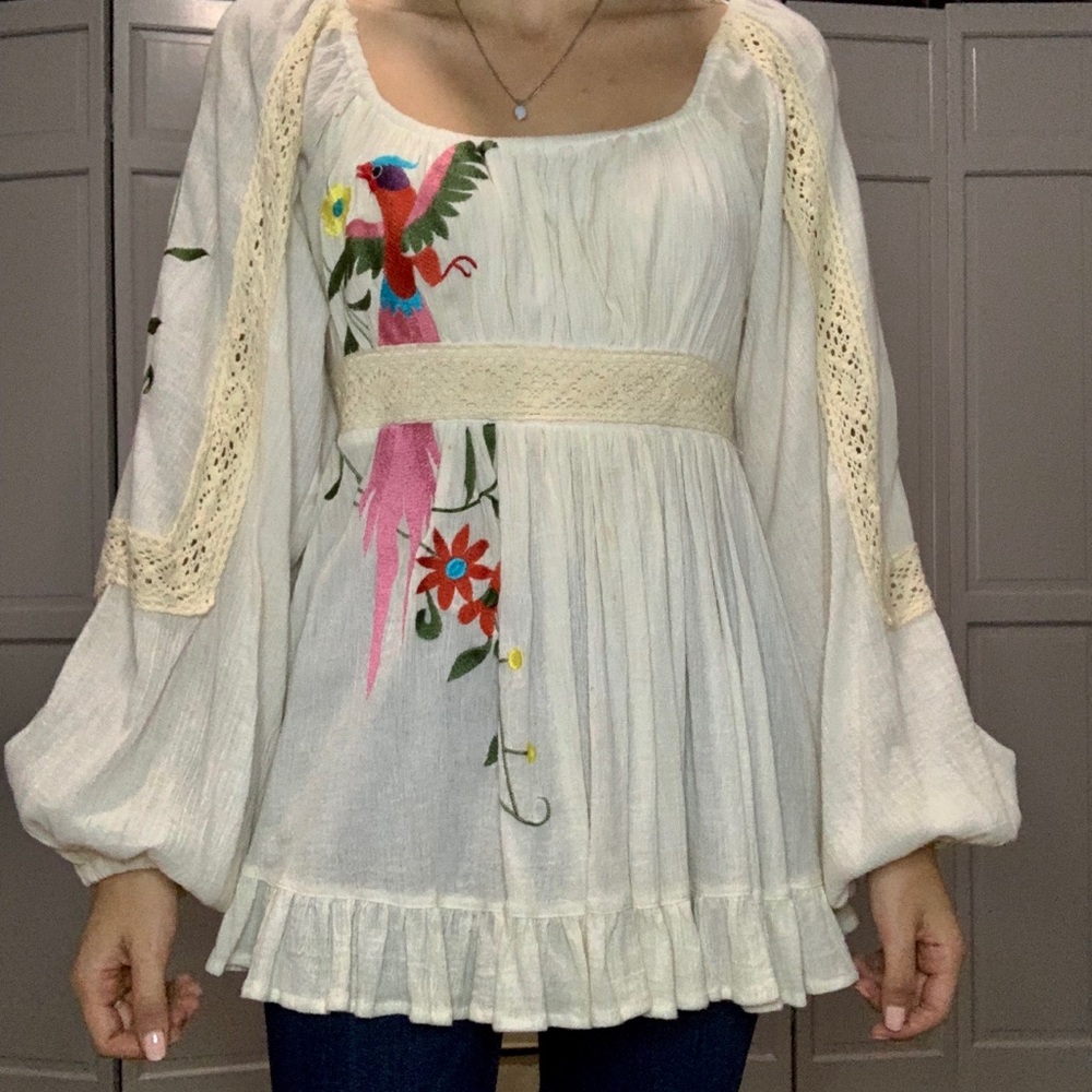 Beige, long sleeve, blouse.